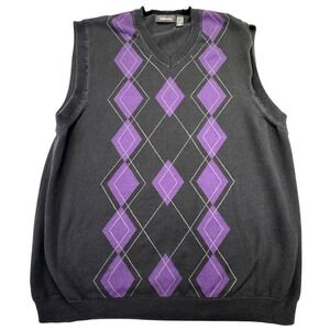 Claiborne Sweater Vest Men's Size XL Black Argyle Purple Diamond Pattern Preppy‎